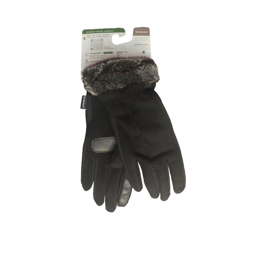 Isotoner Signature Black Fleece Gloves Faux-Fur Cuffs Sz One Size NWT